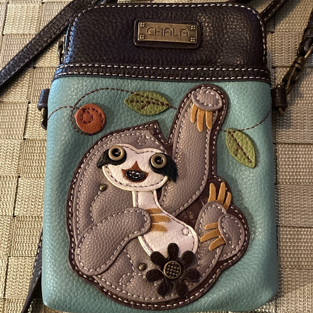 CHALA Crossbody SLOTH Women's Teal Cell Purse Leather Mini bag Adjustable Strap - Picture 2 of 7